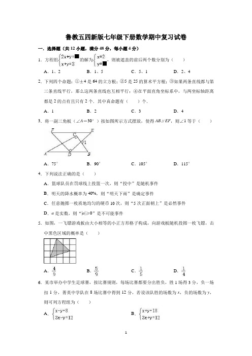 2020-2021学年鲁教版(五四制)七年级数学下期中复习试卷含答案