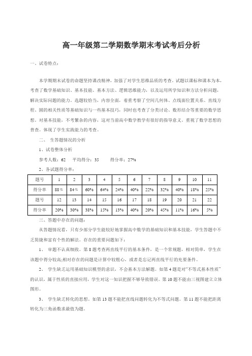 高一年级第二学期数学期末考试考后分析(文)