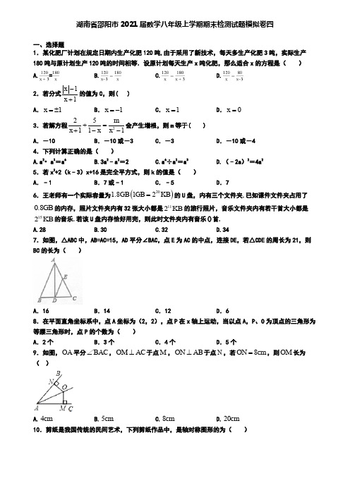 湖南省邵阳市2021届数学八年级上学期期末检测试题模拟卷四