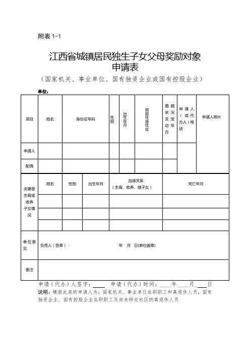 江西省城镇居民独生子女父母奖励对象申请表