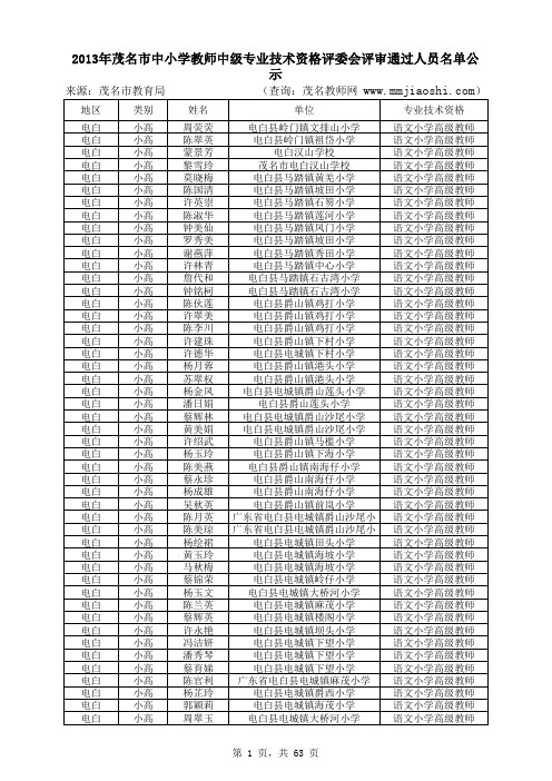 2013年茂名市中小学教师中级专业技术资格评委会评审通过人员名单公示