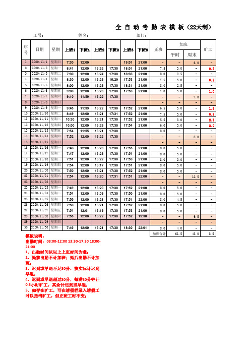 全自动月考勤表-22天工作制(含公式,自动计算工时、加班、迟到、早退、旷工等)