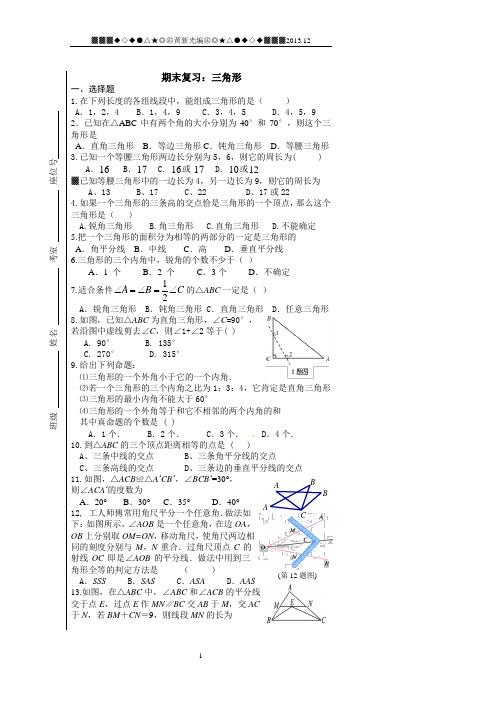 湘教版八年级上期末复习：三角形综合练习