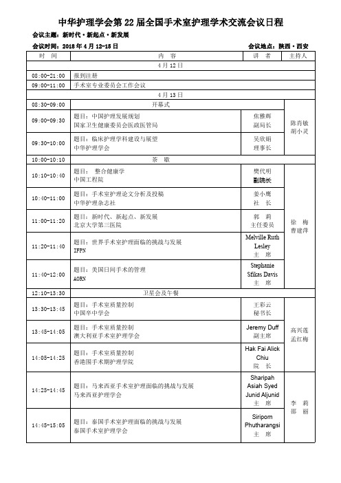 中华护理学会第22 届全国手术室护理学术交流会议日程