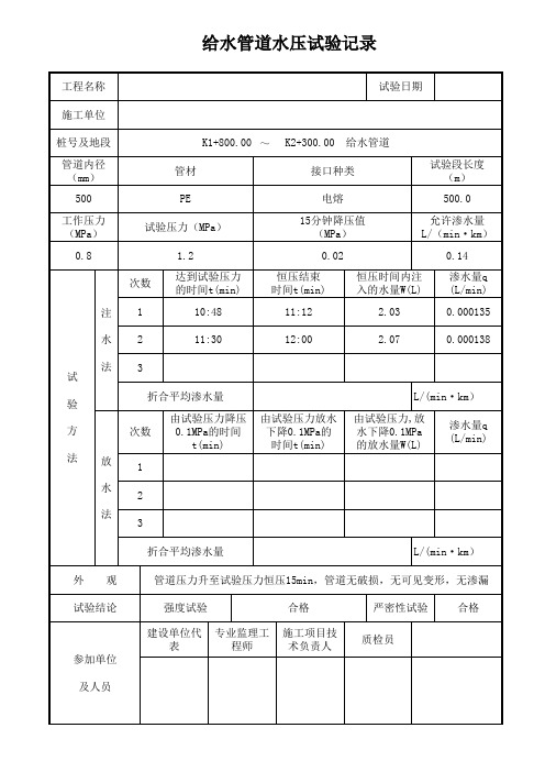 市政工程给水压力试验记录表格