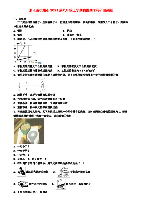 浙江省杭州市2021届八年级上学期物理期末调研测试题