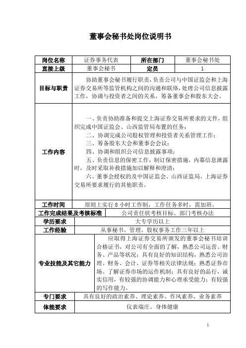 董事会秘书处岗位说明书+董事会秘书处绩效工资考核办法