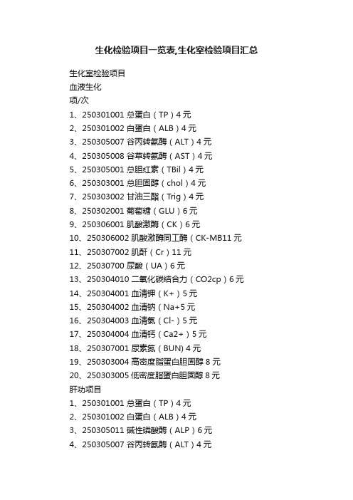 生化检验项目一览表,生化室检验项目汇总