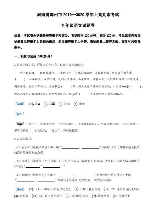 河南省郑州市2019-2020学年九年级上学期期末语文试题(解析版)