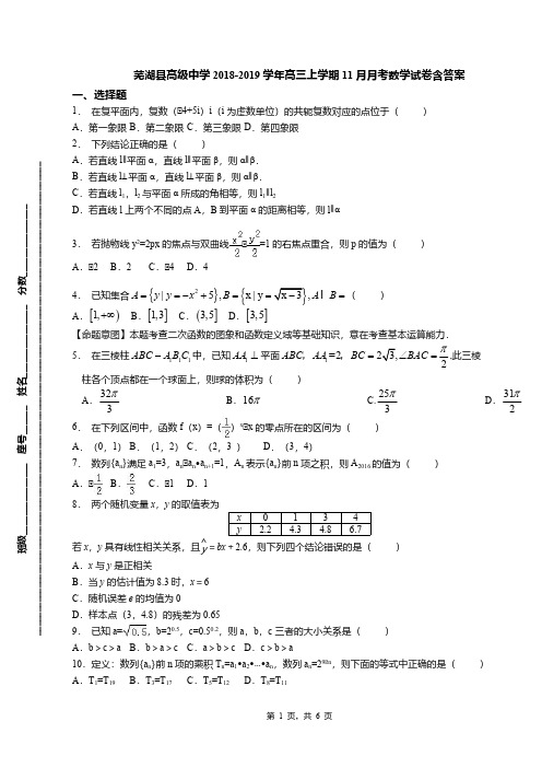 芜湖县高级中学2018-2019学年高三上学期11月月考数学试卷含答案