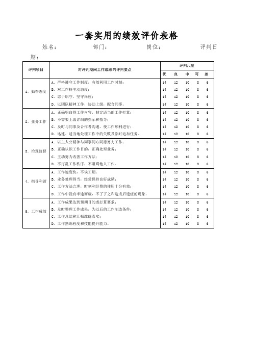 一套实用的绩效评价表格