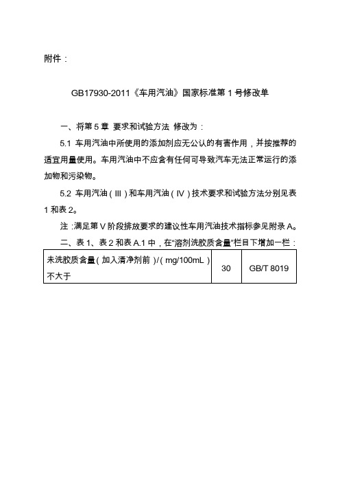 GB17930-2011《车用汽油》国家标准第1号修改单