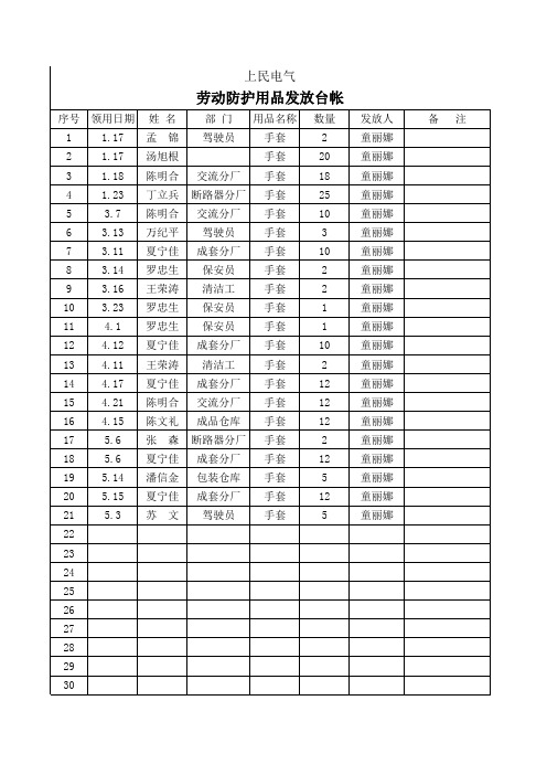 劳保用品发放台帐