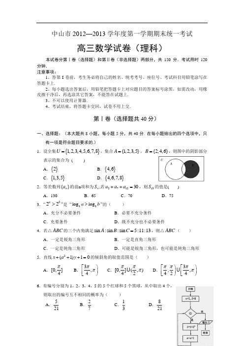 广东省中山市2012-2013学年度第一学期期末统一考试高三数学试卷(理科)