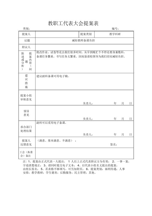 小学教职工代表大会提案表共15张