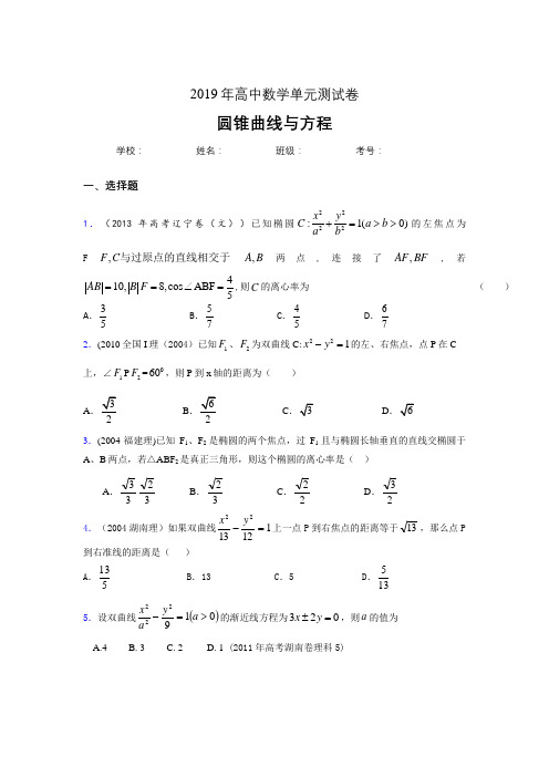 精选最新2020高考数学《圆锥曲线方程》专题训练考核题完整版(含答案)