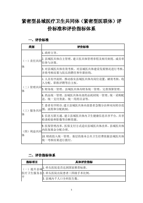 紧密型县域医疗卫生共同体(紧密型医联体)评价标准和评价指标体系