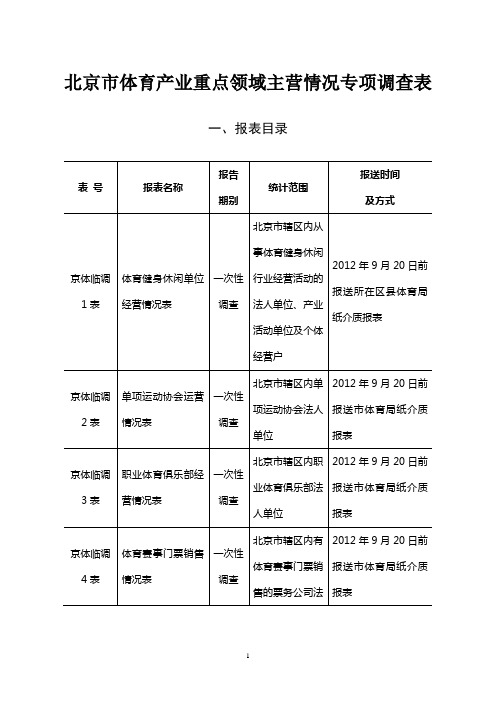 北京市体育产业重点领域主营情况专项调查表