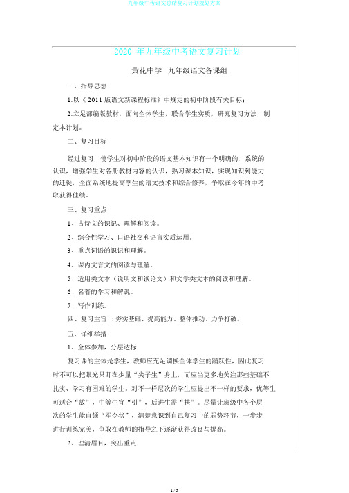 九年级中考语文总结复习计划规划方案