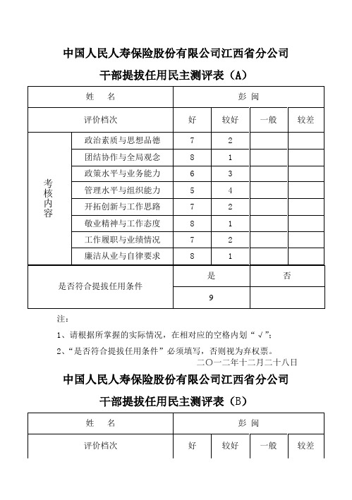 干部提拔任用民主测评表(A)