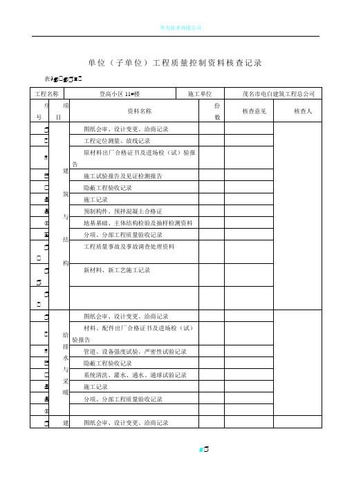 单位(子单位)工程质量控制资料核查记录表G.0.1-2