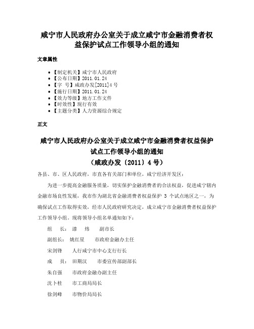 咸宁市人民政府办公室关于成立咸宁市金融消费者权益保护试点工作领导小组的通知