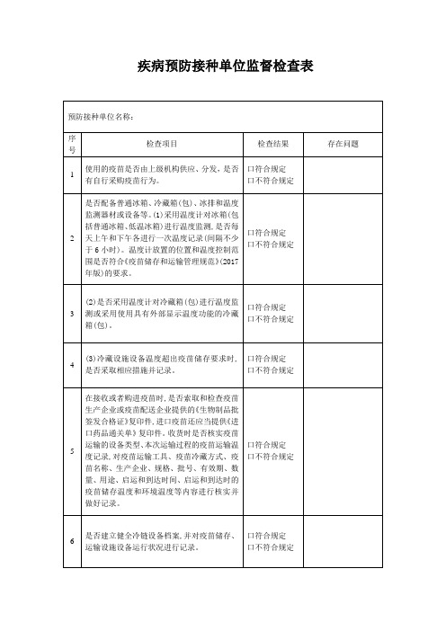 疾病预防接种单位监督检查表