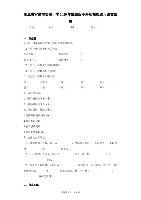 湖北省宜昌市实验小学2020年部编版小升初模拟练习语文试卷