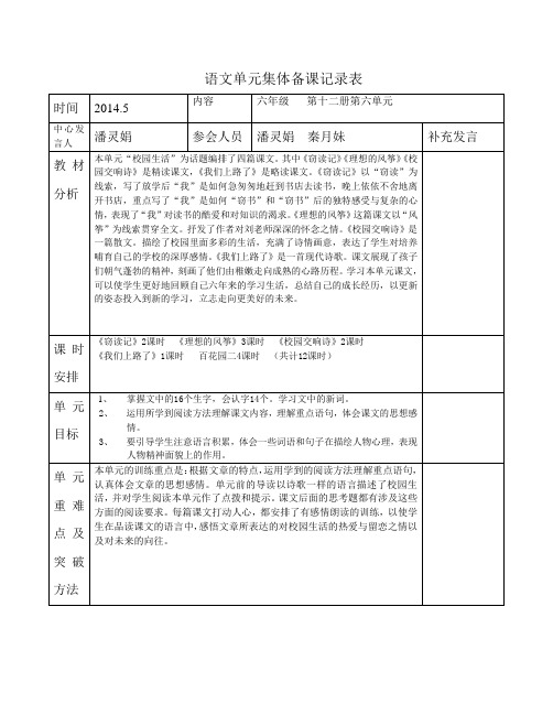 六年级下册语文l六单元集体备课记录表