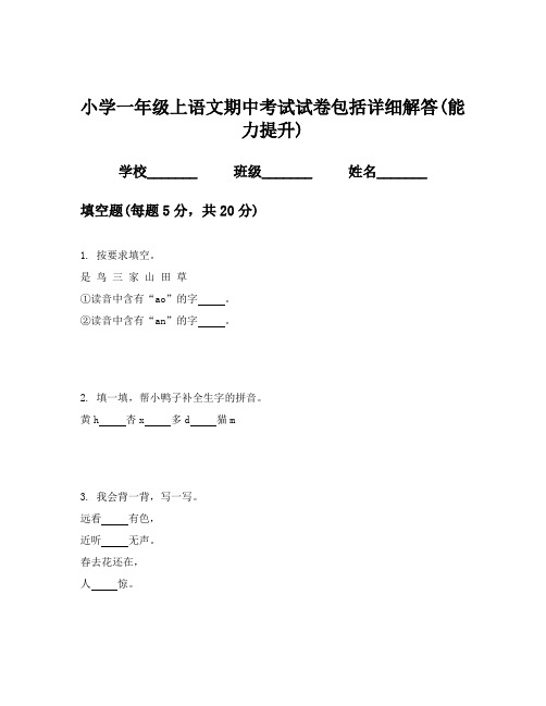 小学一年级上语文期中考试试卷包括详细解答(能力提升)