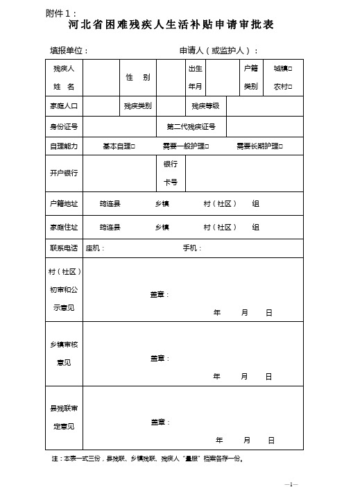 河北省重度残疾人护理费用补贴申请审批表(3个表)-2016