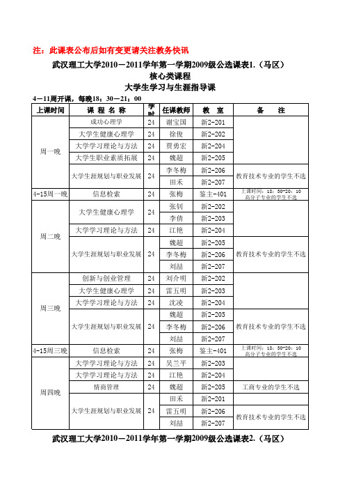 武汉理工2010-2011(1)公选课表