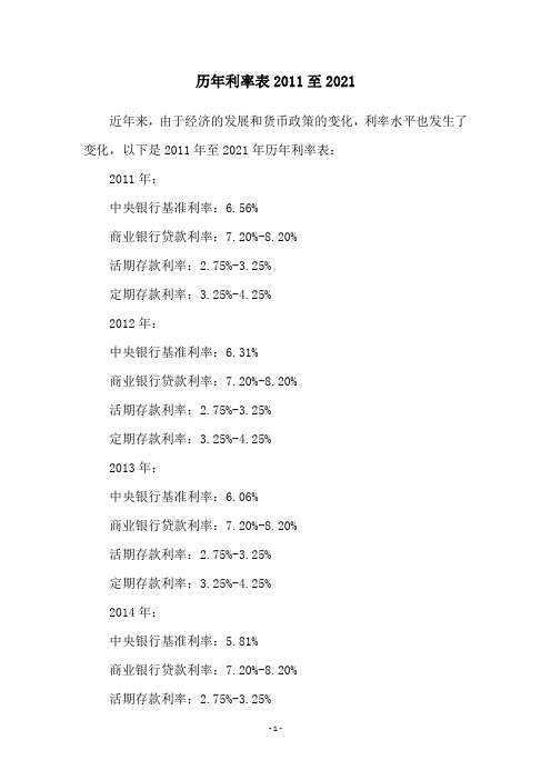 历年利率表2011至2021