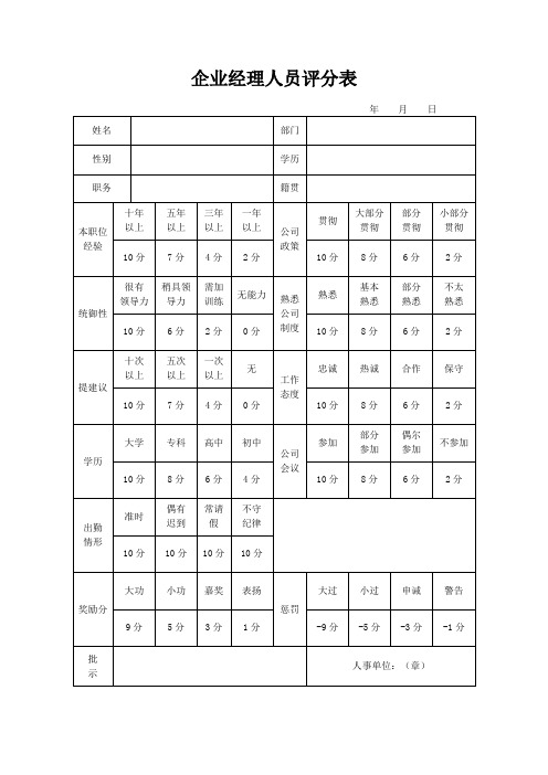 企业经理人员评分表(标准版)