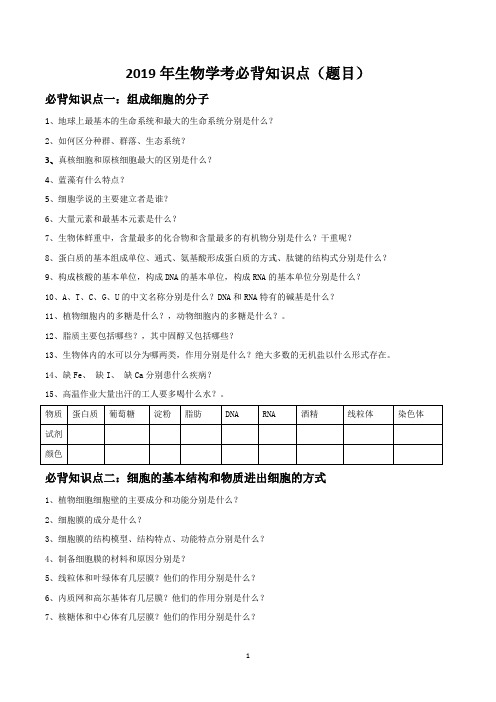 2019年生物学考必背最后一套资料