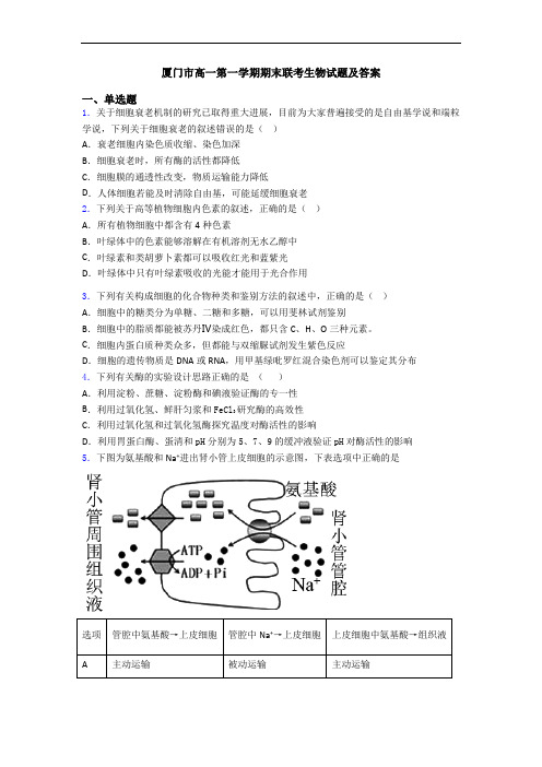 厦门市高一第一学期期末联考生物试题及答案