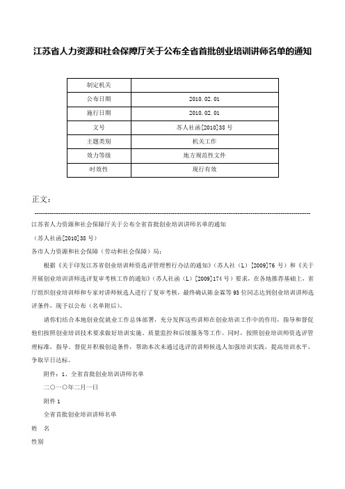 江苏省人力资源和社会保障厅关于公布全省首批创业培训讲师名单的通知-苏人社函[2010]38号