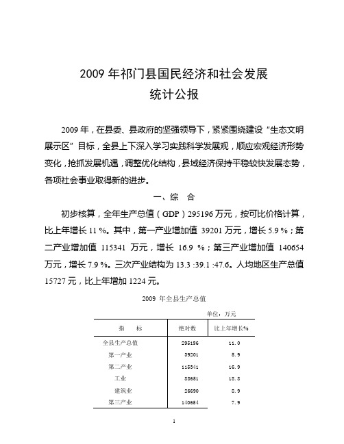 2009年祁门县国民经济和社会发展