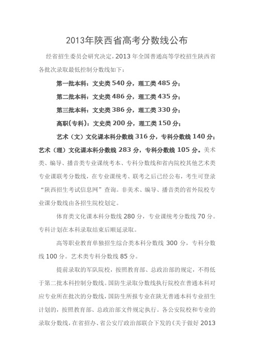 2013年陕西省高考分数线公布