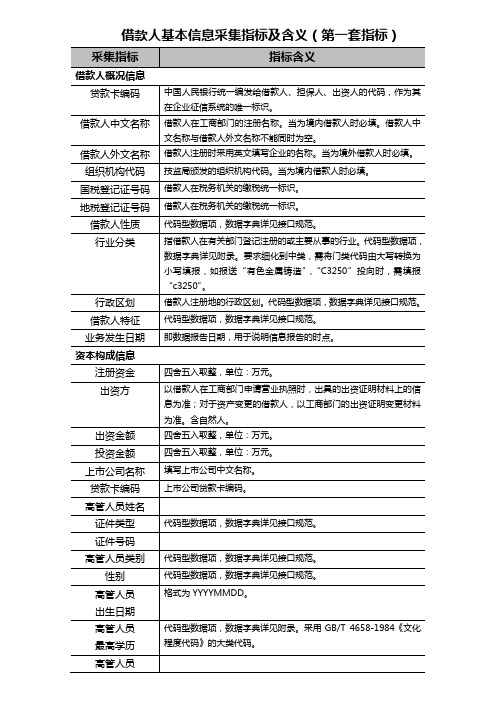 借款人基本信息采集指标及含义(第一套指标)