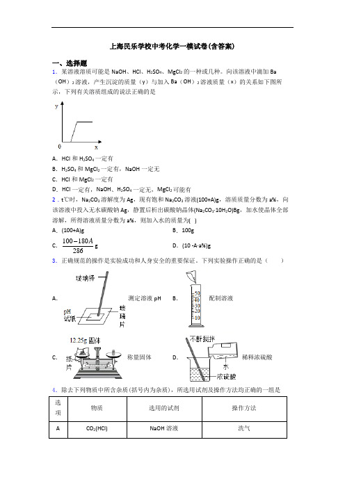 上海民乐学校中考化学一模试卷(含答案)