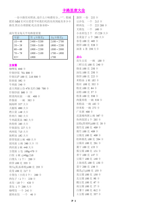 卡路里表大全