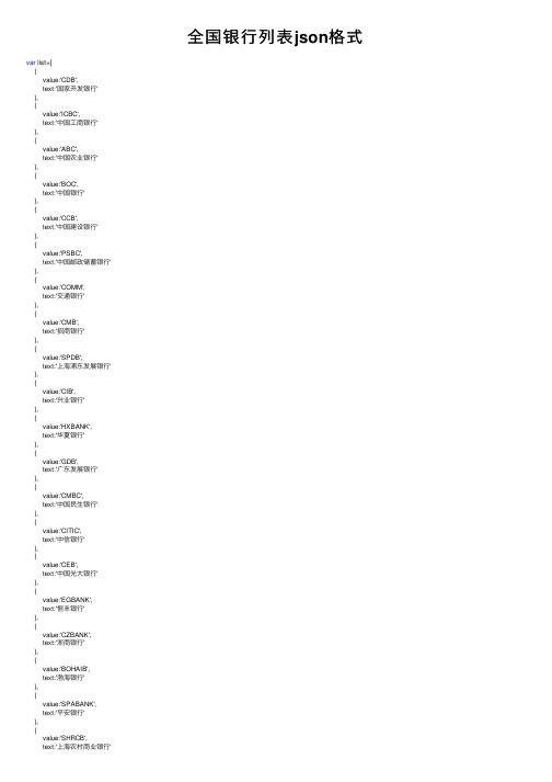 全国银行列表json格式