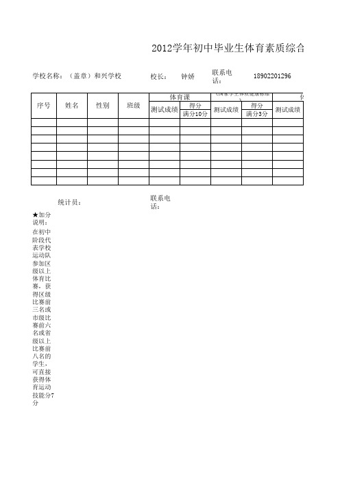 2012学年初中毕业生体育素质综合成绩表(空表)