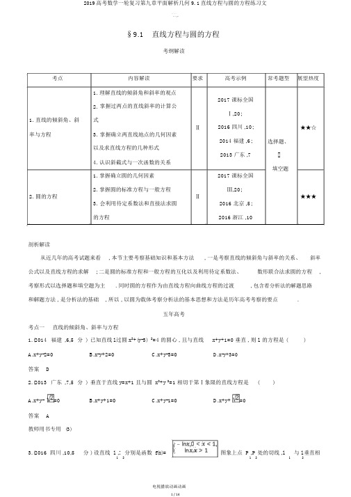 2019高考数学一轮复习第九章平面解析几何91直线方程与圆的方程练习文