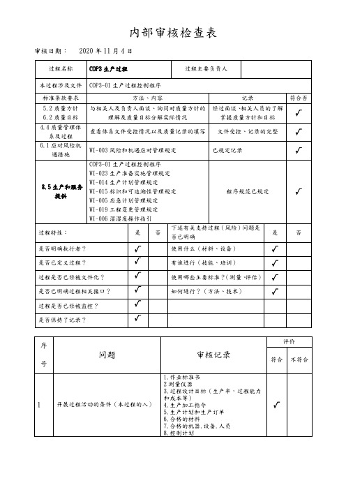 生产过程内部审核检查表