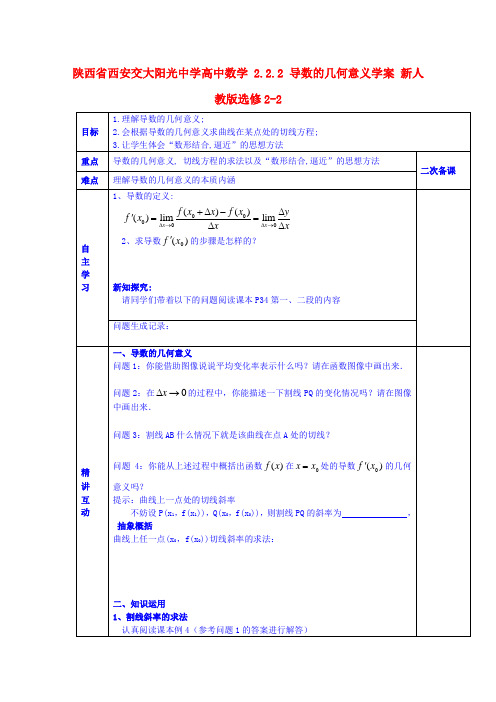 陕西省西安交大阳光中学高中数学 2.2.2 导数的几何意义学案 新人教版选修2-2