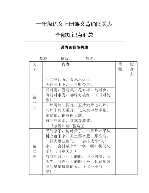 一年级语文上册课文背诵闯关表+全部知识点汇总