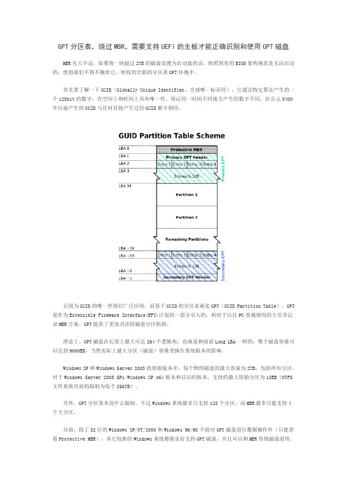 GPT分区表绕过MBR需要支持UEFI的主板才能正确识别和使用GPT磁盘