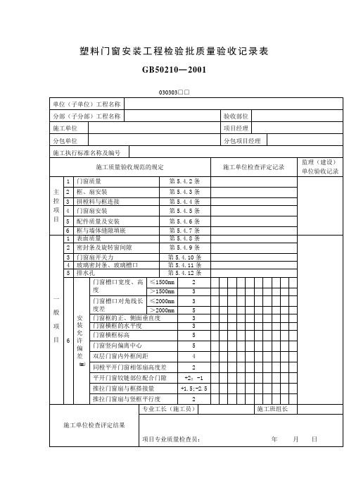 塑料门窗安装工程检验批质量验收记录表 表格 格式 